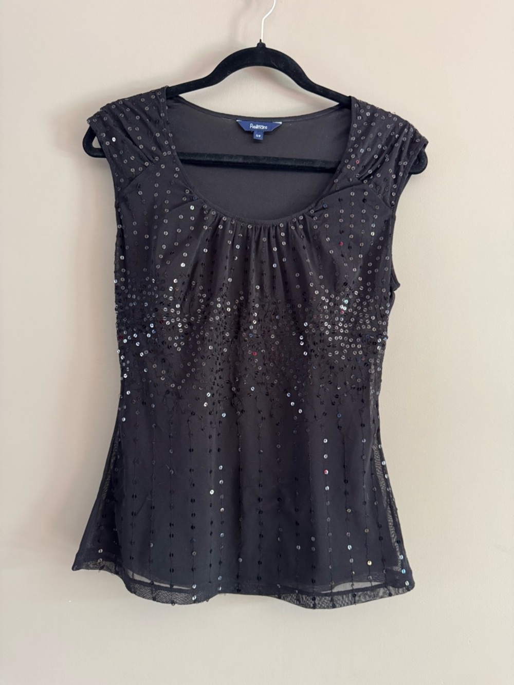 Black Sequin Scoop Neck Cap Sleeve Top